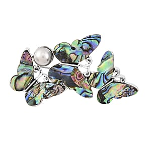Simulated Pearl and Abalone Shell Butterfly Brooch in Silvertone