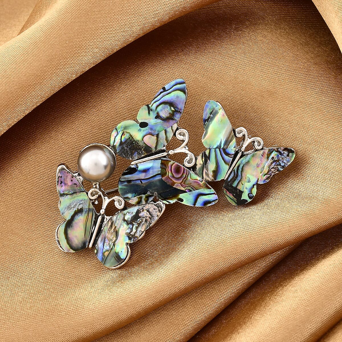 Simulated Pearl and Abalone Shell Butterfly Brooch in Silvertone image number 1