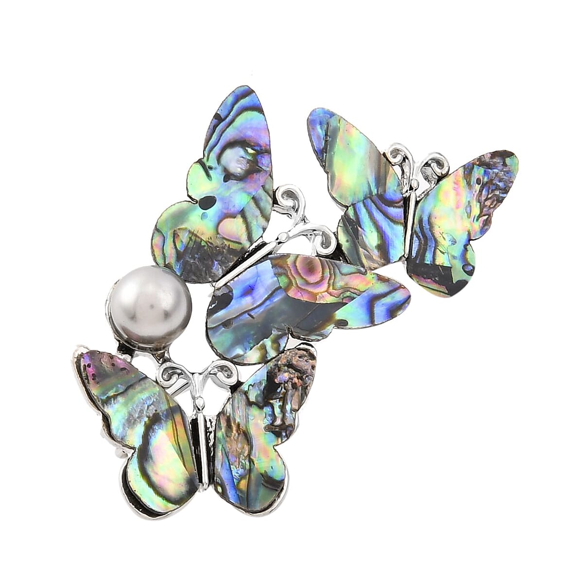 Simulated Pearl and Abalone Shell Butterfly Brooch in Silvertone image number 2