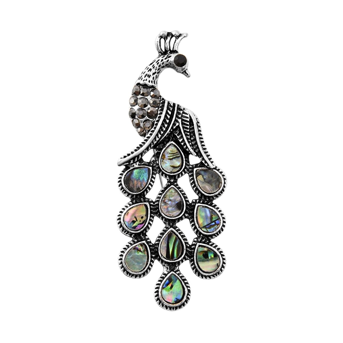 Abalone Shell, Black and Gray Austrian Crystal Peacock Brooch in Silvertone image number 0