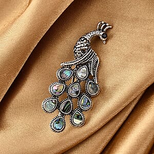 Abalone Shell, Black and Gray Austrian Crystal Peacock Brooch in Silvertone