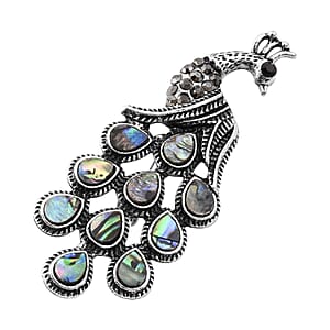 Abalone Shell, Black and Gray Austrian Crystal Peacock Brooch in Silvertone