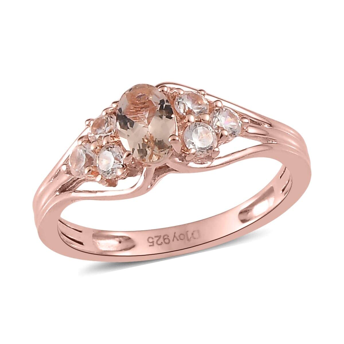 Premium Marropino Morganite, Natural White Zircon Ring in Vermeil RG Over Sterling Silver (Size 10.0) 1.00 ctw image number 0
