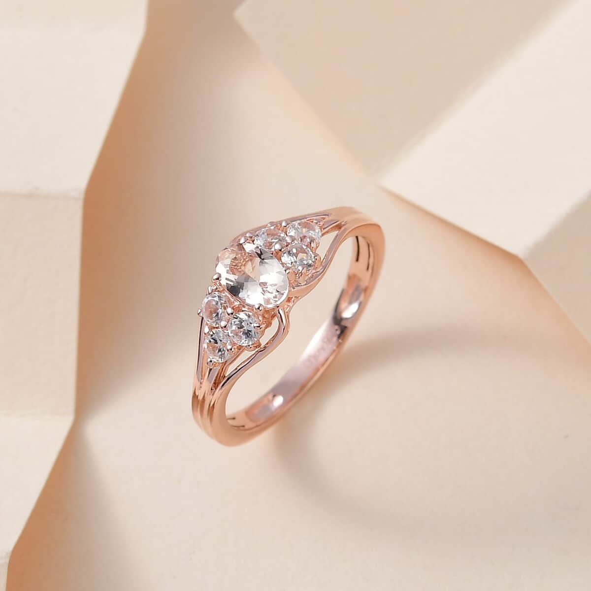 Premium Marropino Morganite and Natural White Zircon Ring in Vermeil Rose Gold Over Sterling Silver (Size 7.0) 1.00 ctw image number 1