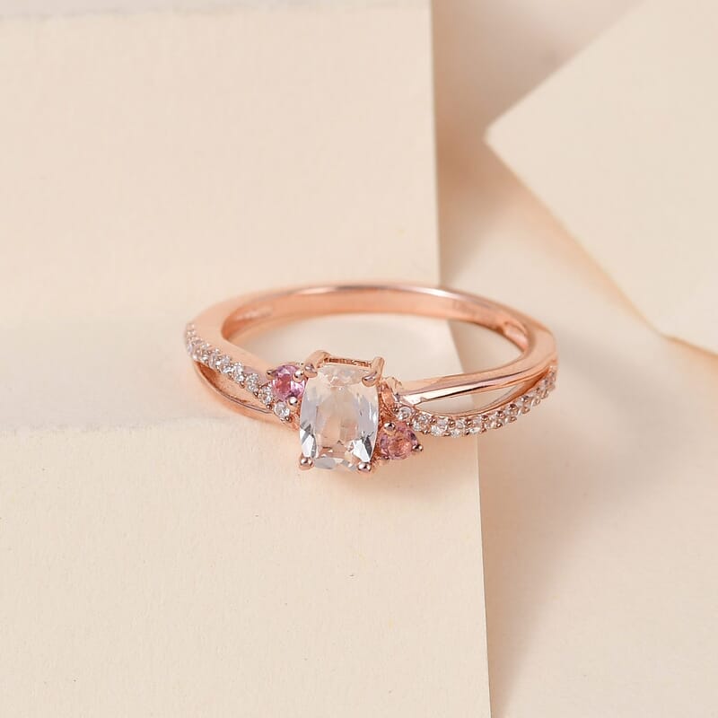 Premium Marropino Morganite and Multi Gemstone Split Shank Ring in Vermeil Rose Gold Over Sterling Silver (Size 10.0) 0.75 ctw