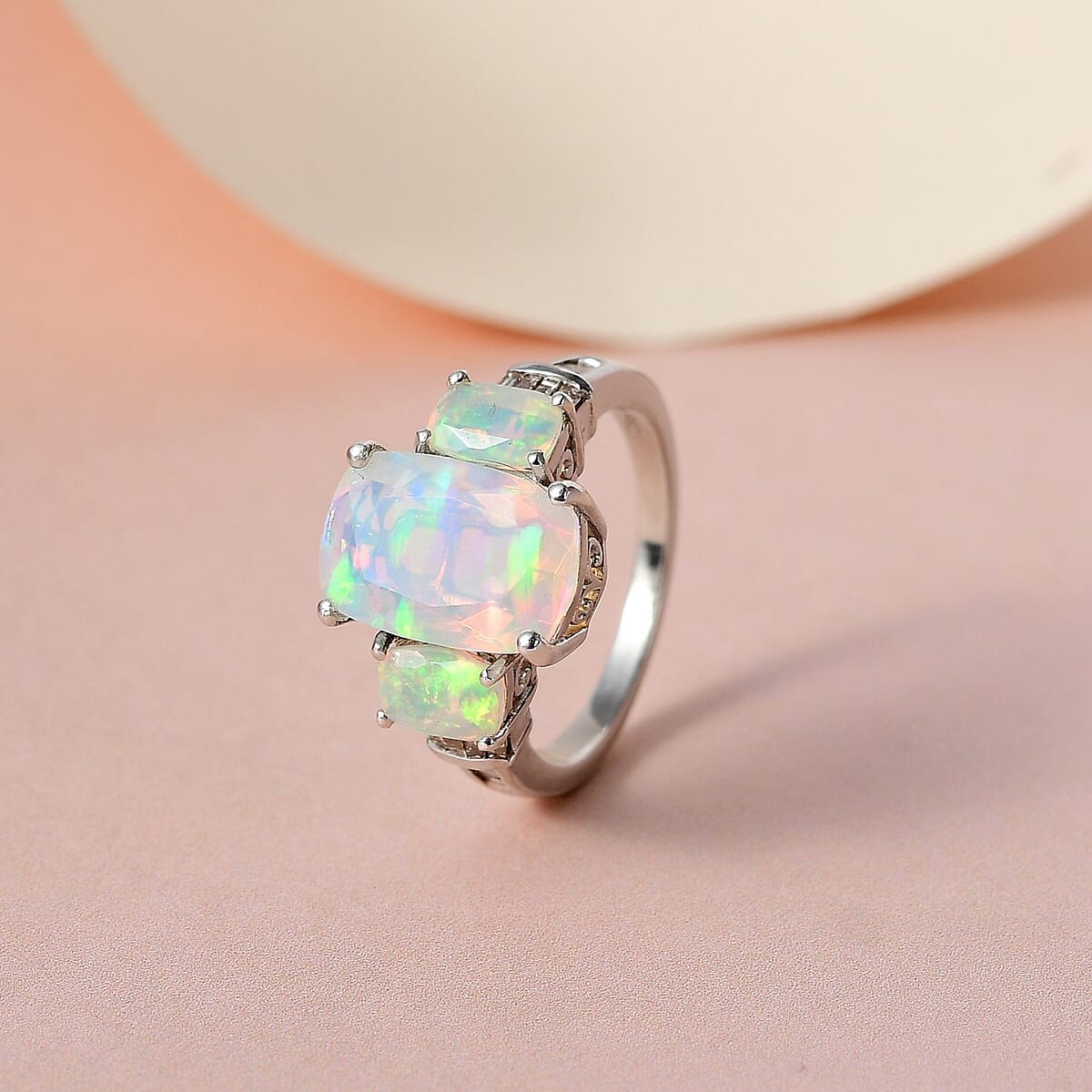 Premium Ethiopian Welo Opal and Natural Champagne Diamond Ring in Platinum Over Sterling Silver (Size 10.0) 3.25 ctw image number 1