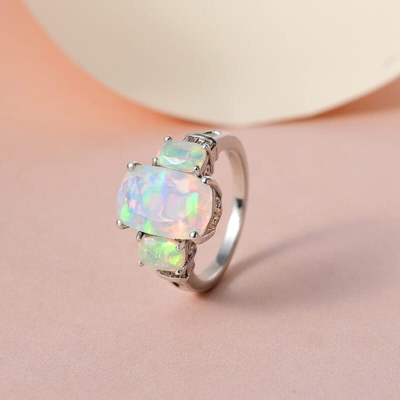 Premium Ethiopian Welo Opal and Natural Champagne Diamond Ring in Platinum Over Sterling Silver (Size 10.0) 3.25 ctw