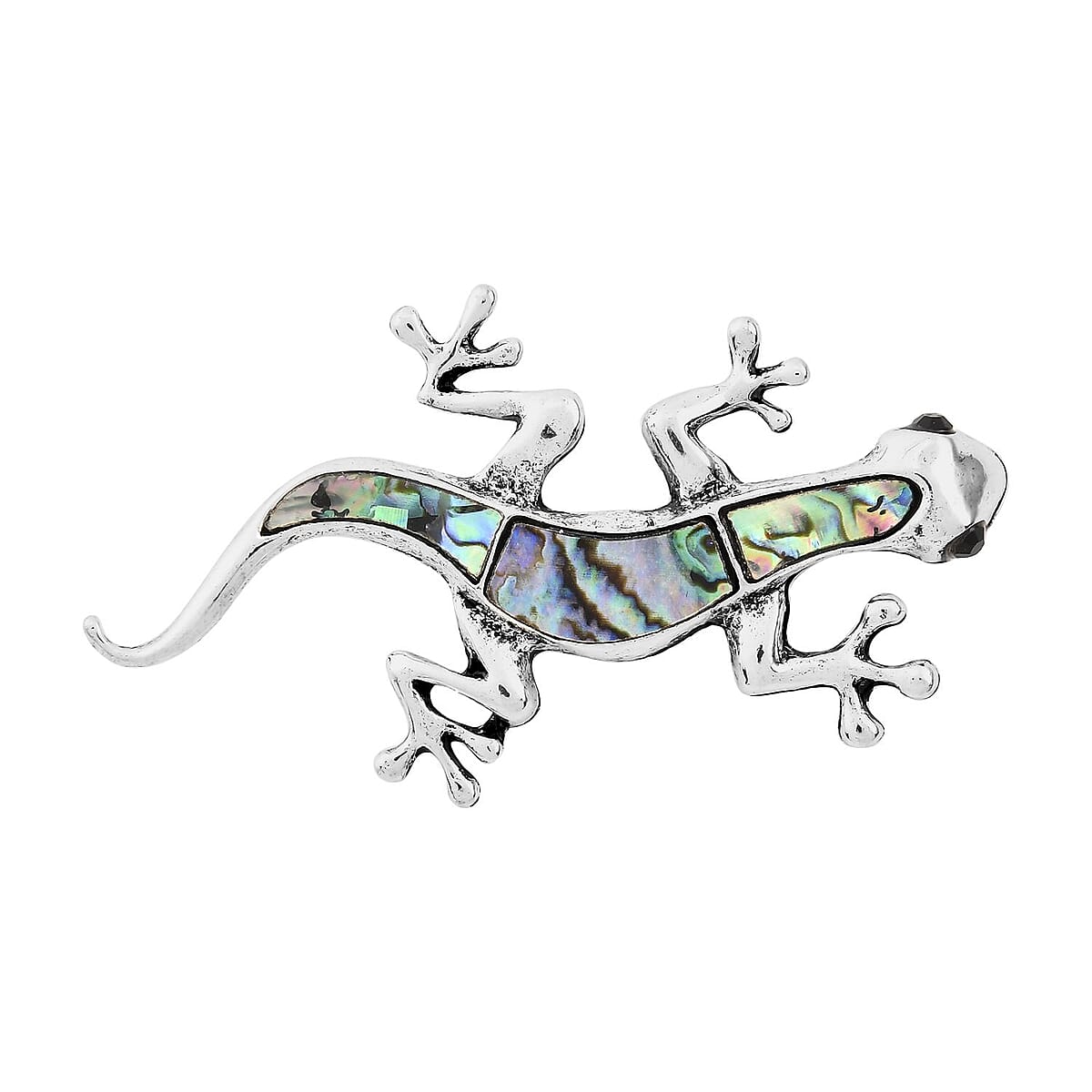 Abalone Shell and Black Austrian Crystal Lizard Brooch in Silvertone image number 0
