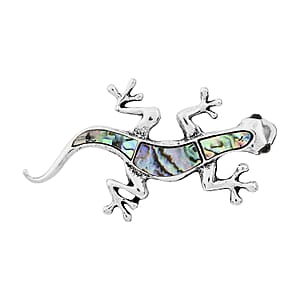 Abalone Shell and Black Austrian Crystal Lizard Brooch in Silvertone