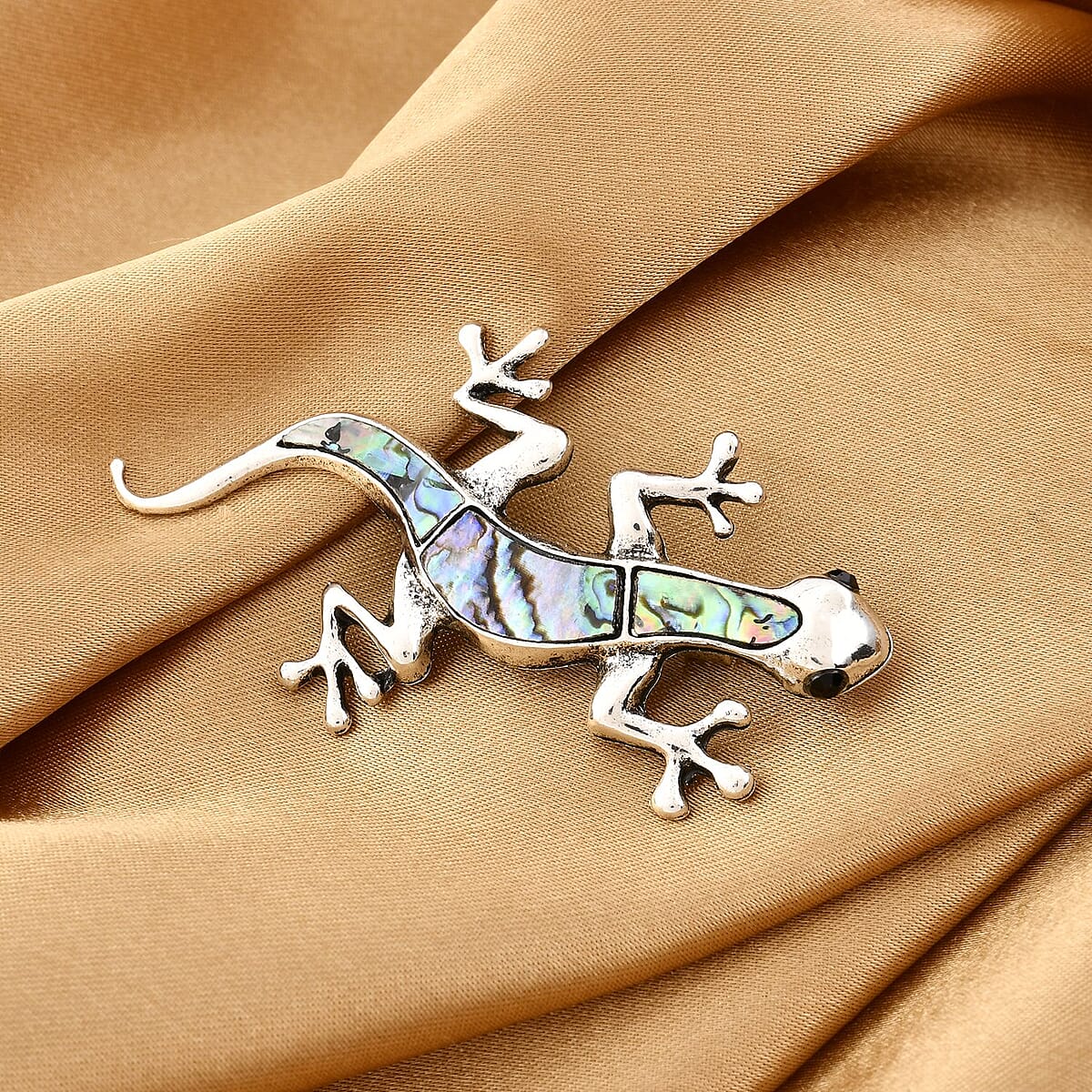 Abalone Shell and Black Austrian Crystal Lizard Brooch in Silvertone image number 1