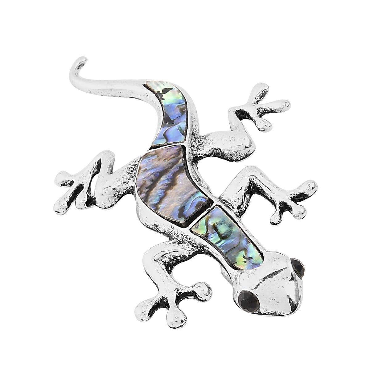 Abalone Shell and Black Austrian Crystal Lizard Brooch in Silvertone image number 2