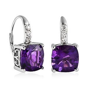 Amethyst and Natural White Zircon Lever Back Earrings in Platinum Over Sterling Silver 8.15 ctw