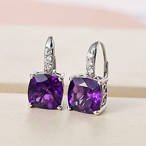 Amethyst and Natural White Zircon Lever Back Earrings in Platinum Over Sterling Silver 8.15 ctw