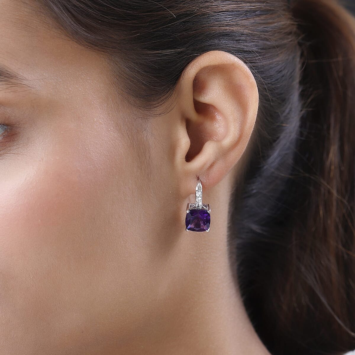 Amethyst and Natural White Zircon Lever Back Earrings in Platinum Over Sterling Silver 8.15 ctw image number 2