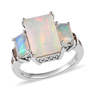 Premium Ethiopian Welo Opal and Natural Champagne Diamond Ring in Platinum Over Sterling Silver (Size 10.0) 3.60 ctw