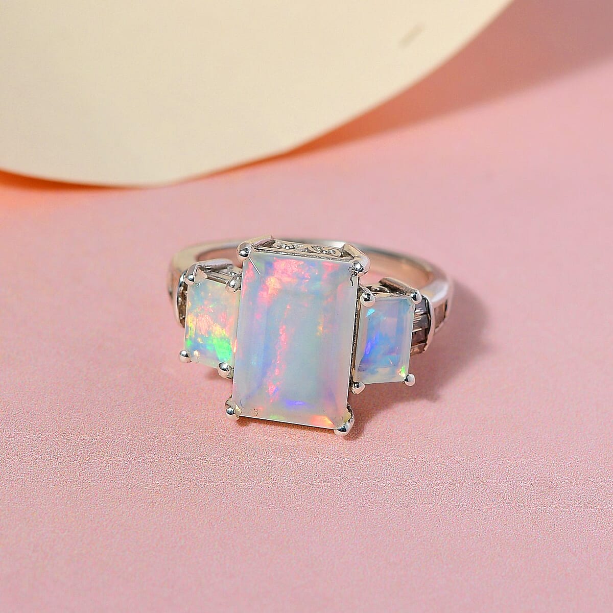 Premium Ethiopian Welo Opal and Natural Champagne Diamond Ring in Platinum Over Sterling Silver (Size 10.0) 3.60 ctw image number 1