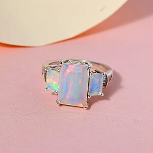 Premium Ethiopian Welo Opal and Natural Champagne Diamond Ring in Platinum Over Sterling Silver (Size 10.0) 3.60 ctw