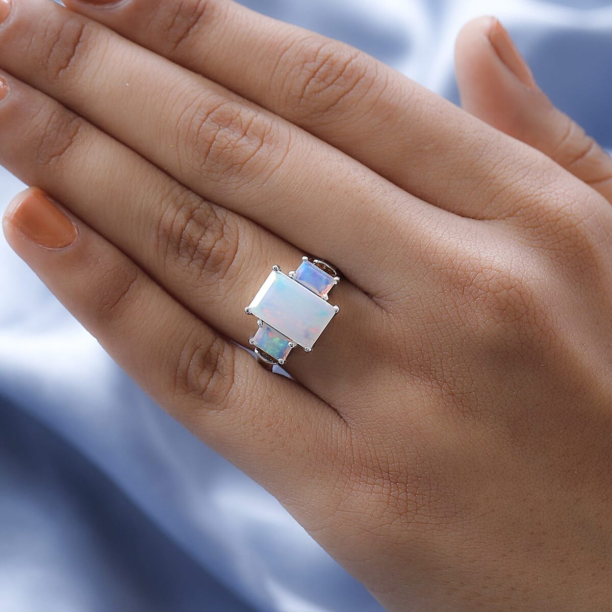 Premium Ethiopian Welo Opal and Natural Champagne Diamond Ring in Platinum Over Sterling Silver (Size 10.0) 3.60 ctw image number 2