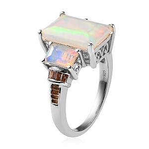 Premium Ethiopian Welo Opal and Natural Champagne Diamond Ring in Platinum Over Sterling Silver (Size 10.0) 3.60 ctw