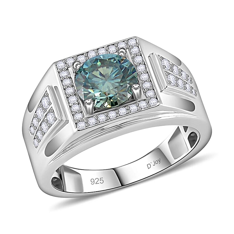 Blue and White Moissanite Men's Ring in Rhodium Over Sterling Silver (Size 10.0) 2.30 ctw