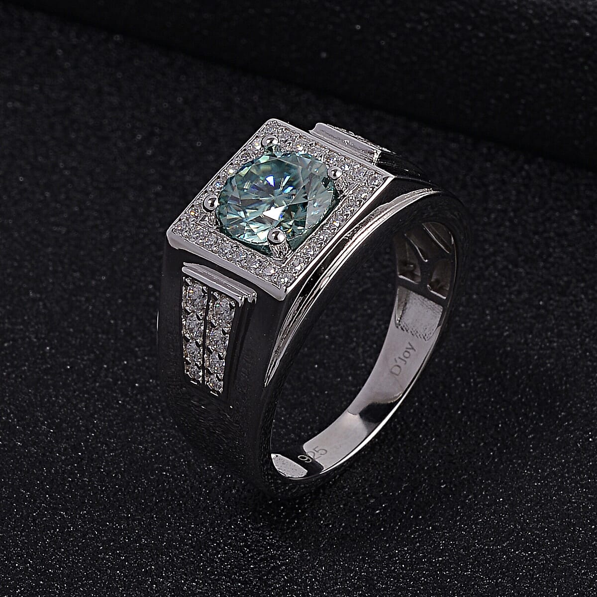 Blue and White Moissanite Men's Ring in Rhodium Over Sterling Silver 7.50 Grams 2.40 ctw image number 1