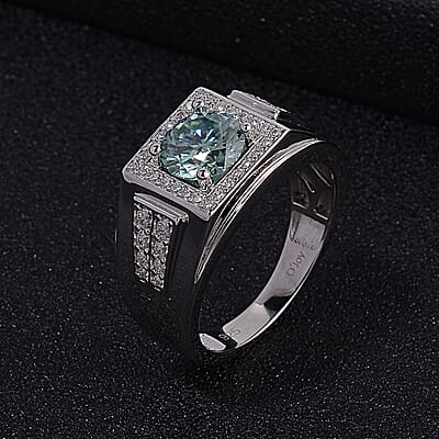 Blue and White Moissanite Men's Ring in Rhodium Over Sterling Silver (Size 10.0) 2.30 ctw