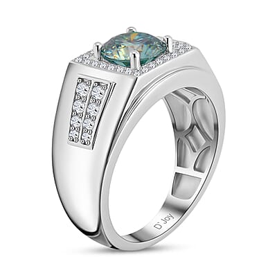 Blue and White Moissanite Men's Ring in Rhodium Over Sterling Silver (Size 10.0) 2.30 ctw