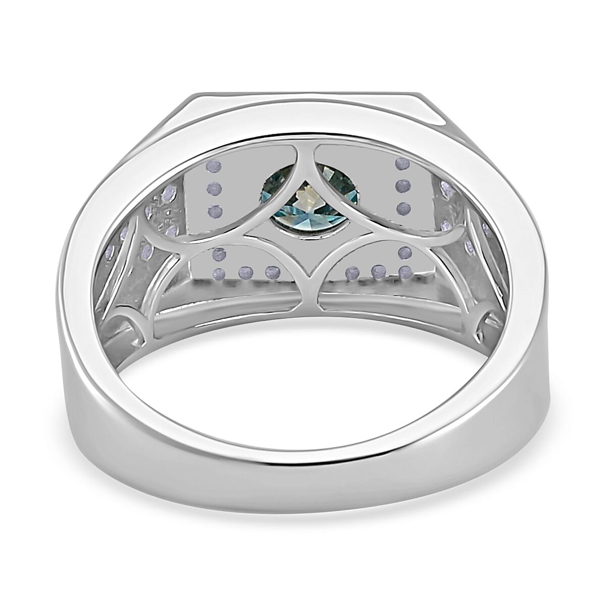 Blue and White Moissanite Men's Ring in Rhodium Over Sterling Silver (Size 10.0) 2.30 ctw
