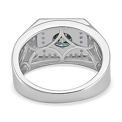 Blue and White Moissanite Men's Ring in Rhodium Over Sterling Silver (Size 10.0) 2.30 ctw