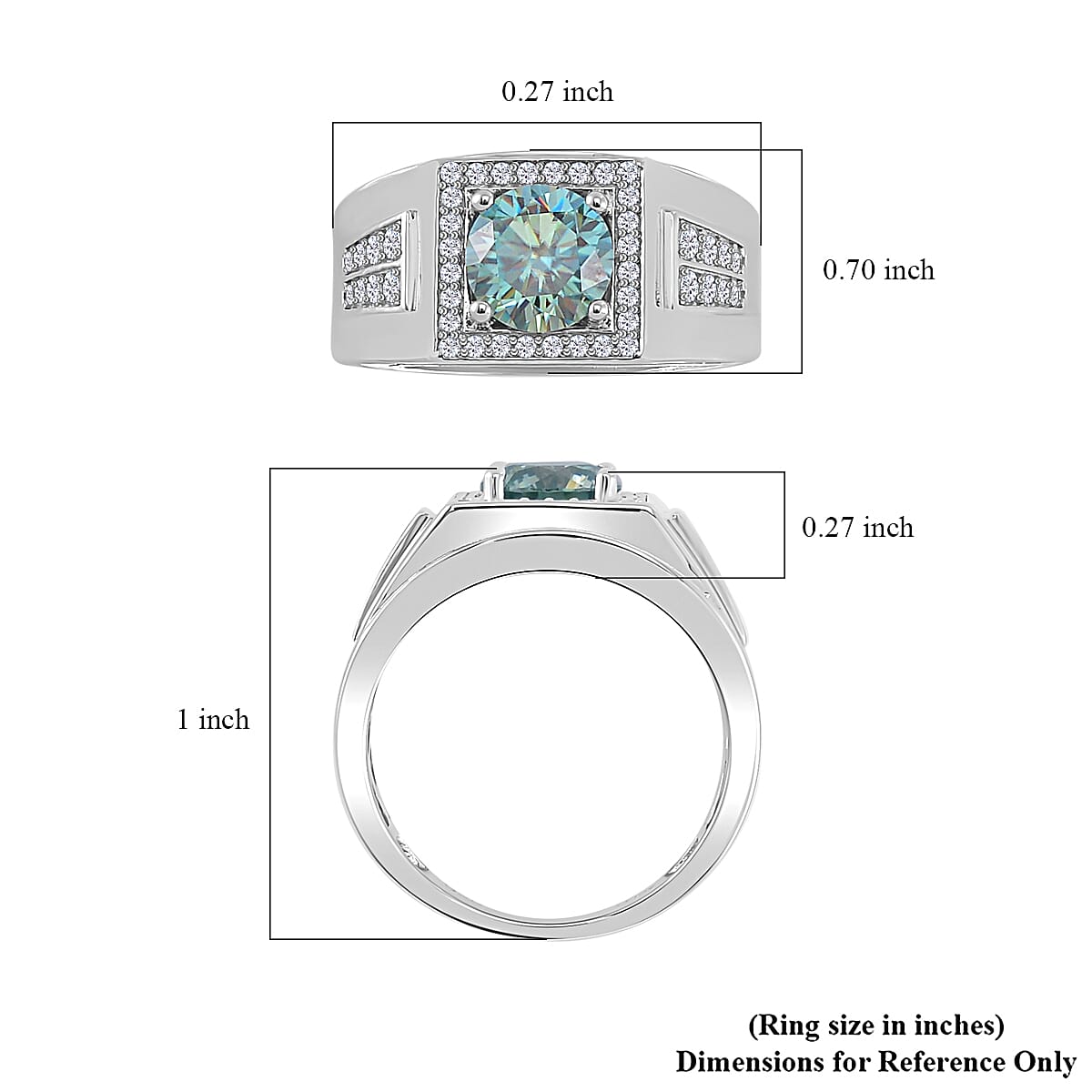 Blue and White Moissanite Men's Ring in Rhodium Over Sterling Silver (Size 10.0) 2.30 ctw