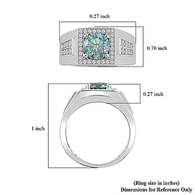 Blue and White Moissanite Men's Ring in Rhodium Over Sterling Silver (Size 10.0) 2.30 ctw