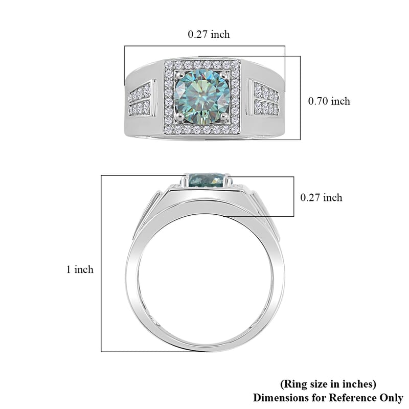 Blue and White Moissanite Men's Ring in Rhodium Over Sterling Silver (Size 10.0) 2.30 ctw