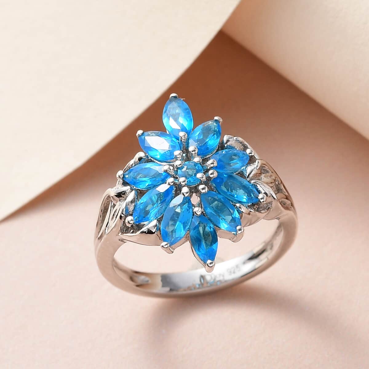 Malgache Neon Apatite Floral Ring in Platinum Over Sterling Silver (Delivery in 5-7 Business Days) 1.50 ctw image number 1