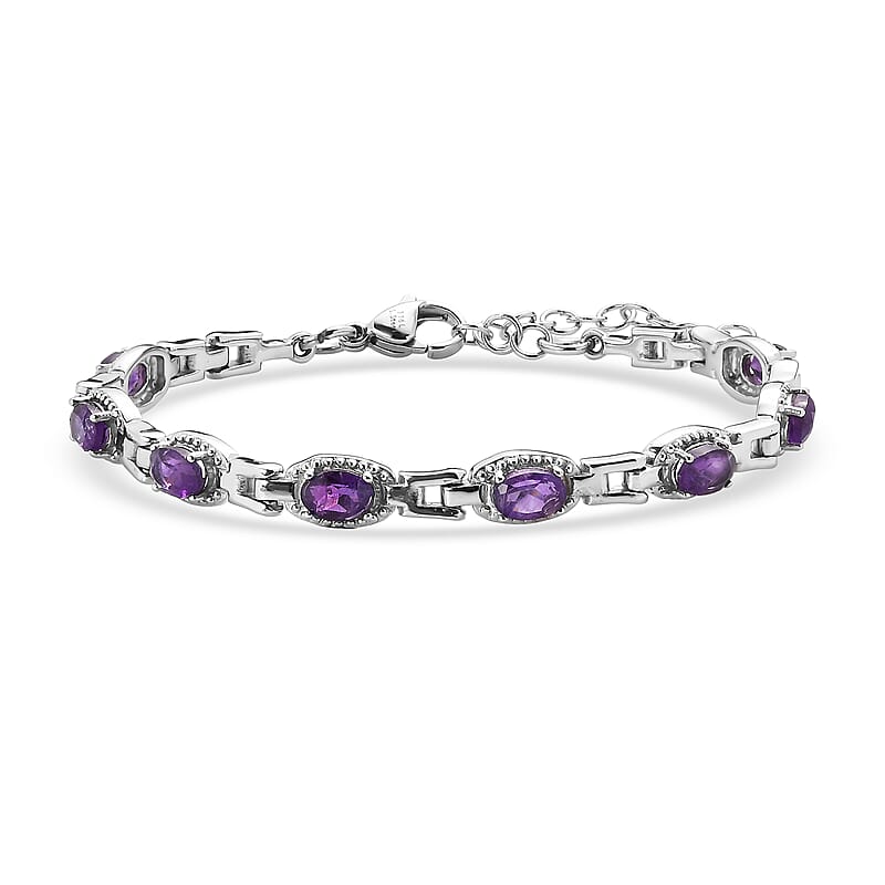 EverTrue Amethyst 3.15 ctw Link Bracelet in Stainless Steel (6.50-8.0In)