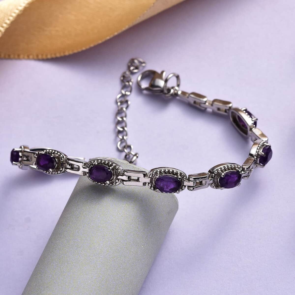 Amethyst Bracelet in Stainless Steel (6.50 In) 3.75 ctw image number 1