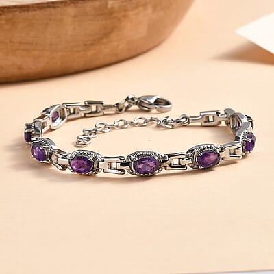 EverTrue Amethyst 3.15 ctw Link Bracelet in Stainless Steel (6.50-8.0In)