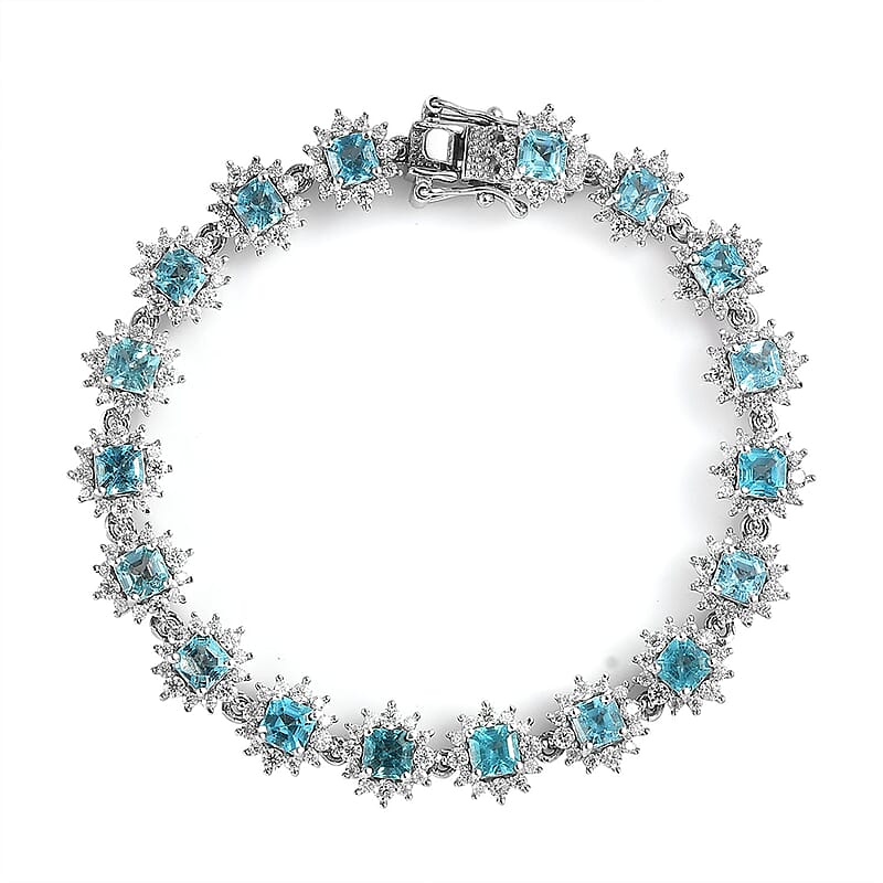 Madagascar Paraiba Apatite and Moissanite Cluster Bracelet in Platinum Over Sterling Silver (6.50 In) 10.00 ctw