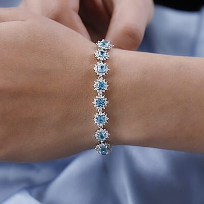 Madagascar Paraiba Apatite and Moissanite Cluster Bracelet in Platinum Over Sterling Silver (6.50 In) 10.00 ctw