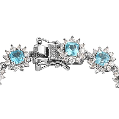 Madagascar Paraiba Apatite and Moissanite Cluster Bracelet in Platinum Over Sterling Silver (6.50 In) 10.00 ctw