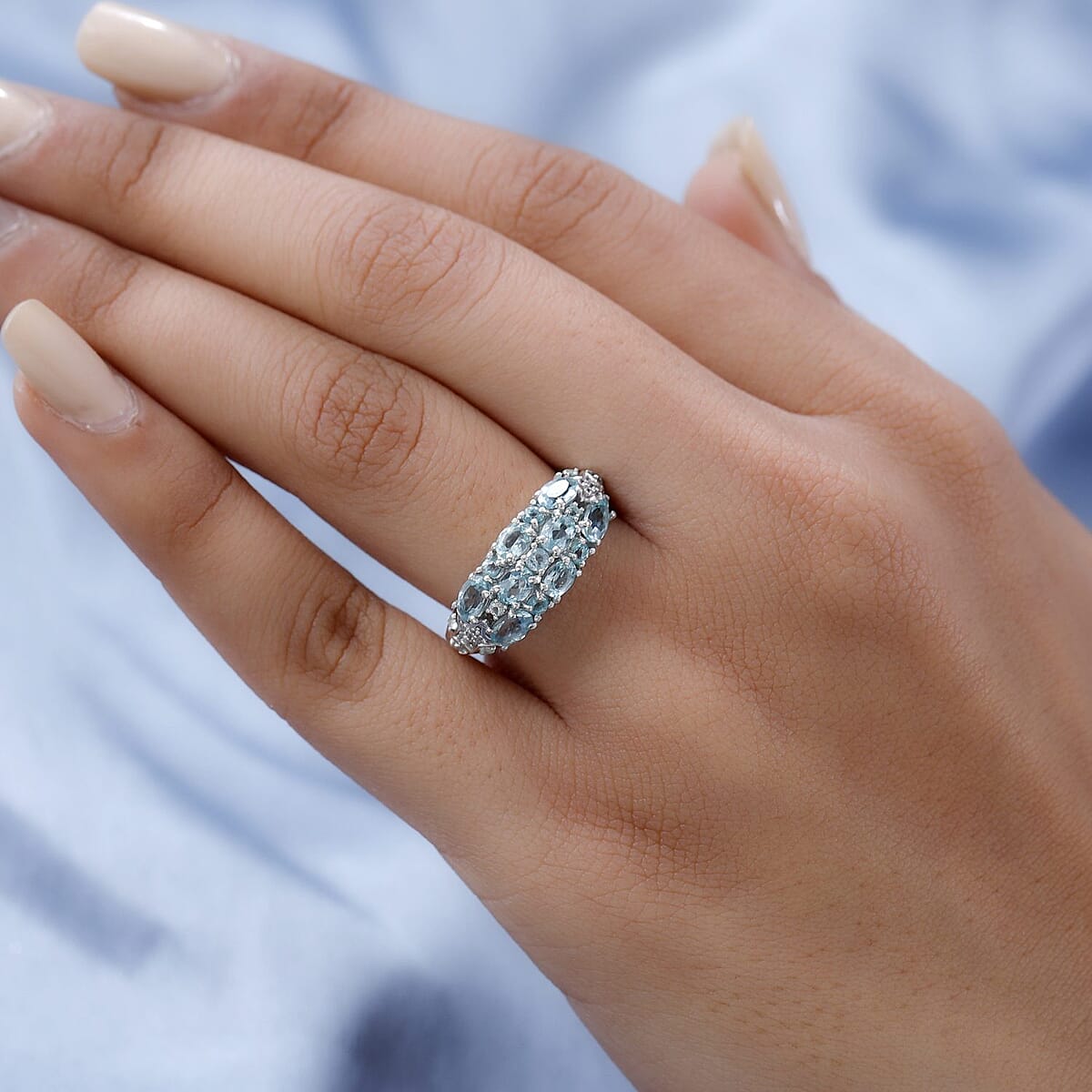 Madagascar Paraiba Apatite and White Zircon Cluster Ring in Platinum Over Sterling Silver (Size 8.0) 2.25 ctw image number 2