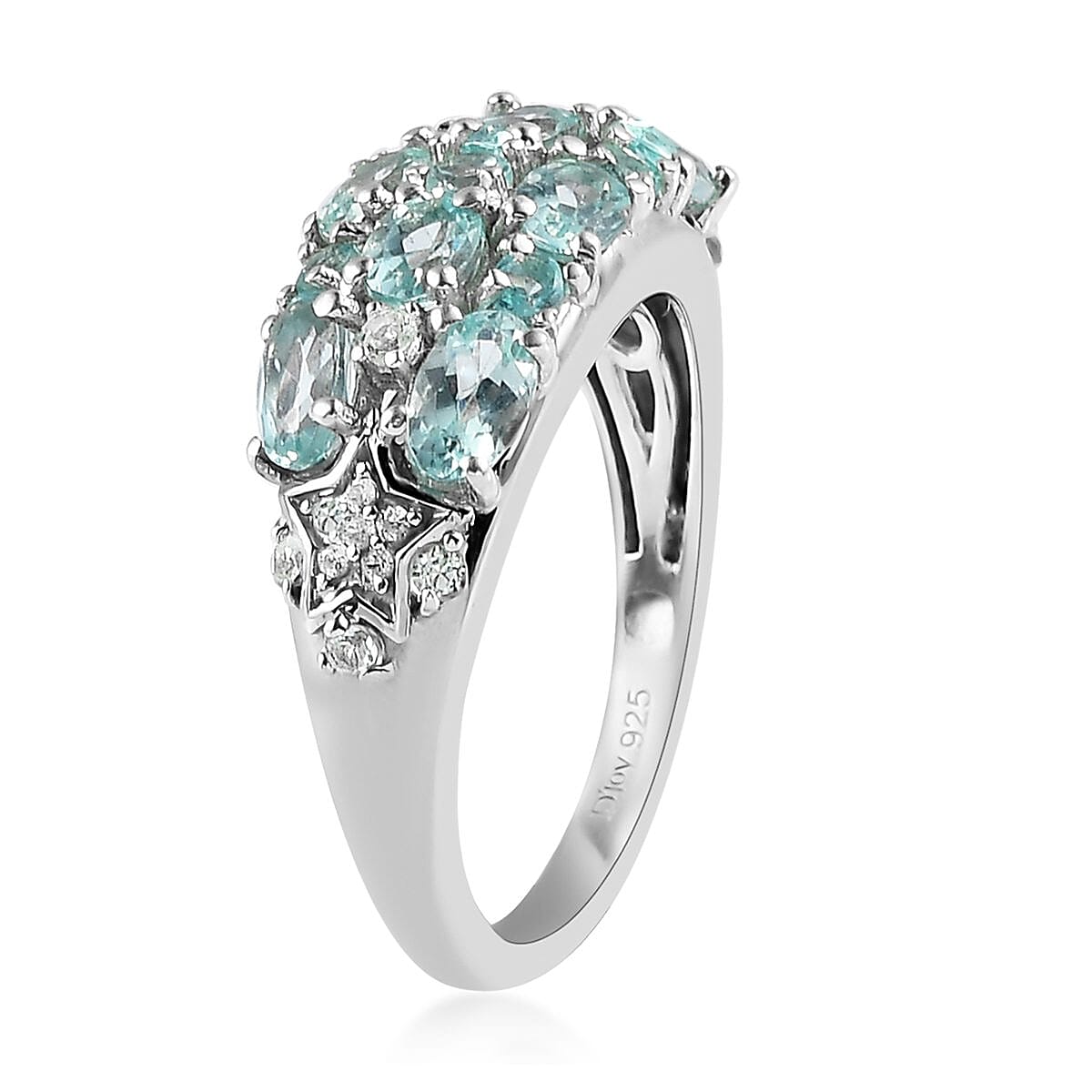 Madagascar Paraiba Apatite and White Zircon Cluster Ring in Platinum Over Sterling Silver (Size 8.0) 2.25 ctw image number 3