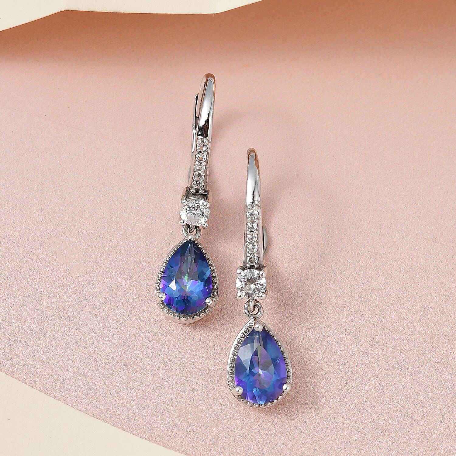 Brazilian Blue Petalite and White Zircon Dangling Earrings in Platinum Over Sterling Silver 2.35 ctw
