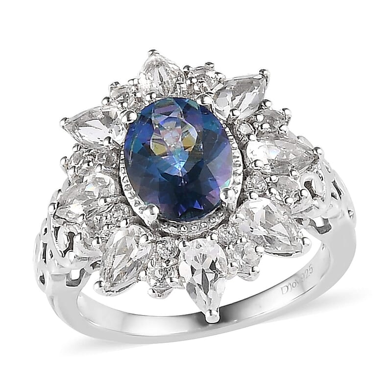 Brazilian Blue and White Petalite, White Zircon Sunburst Ring in Platinum Over Sterling Silver (Size 10.0) 3.15 ctw