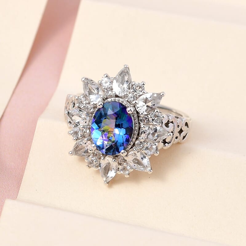 Brazilian Blue and White Petalite, White Zircon Sunburst Ring in Platinum Over Sterling Silver (Size 10.0) 3.15 ctw