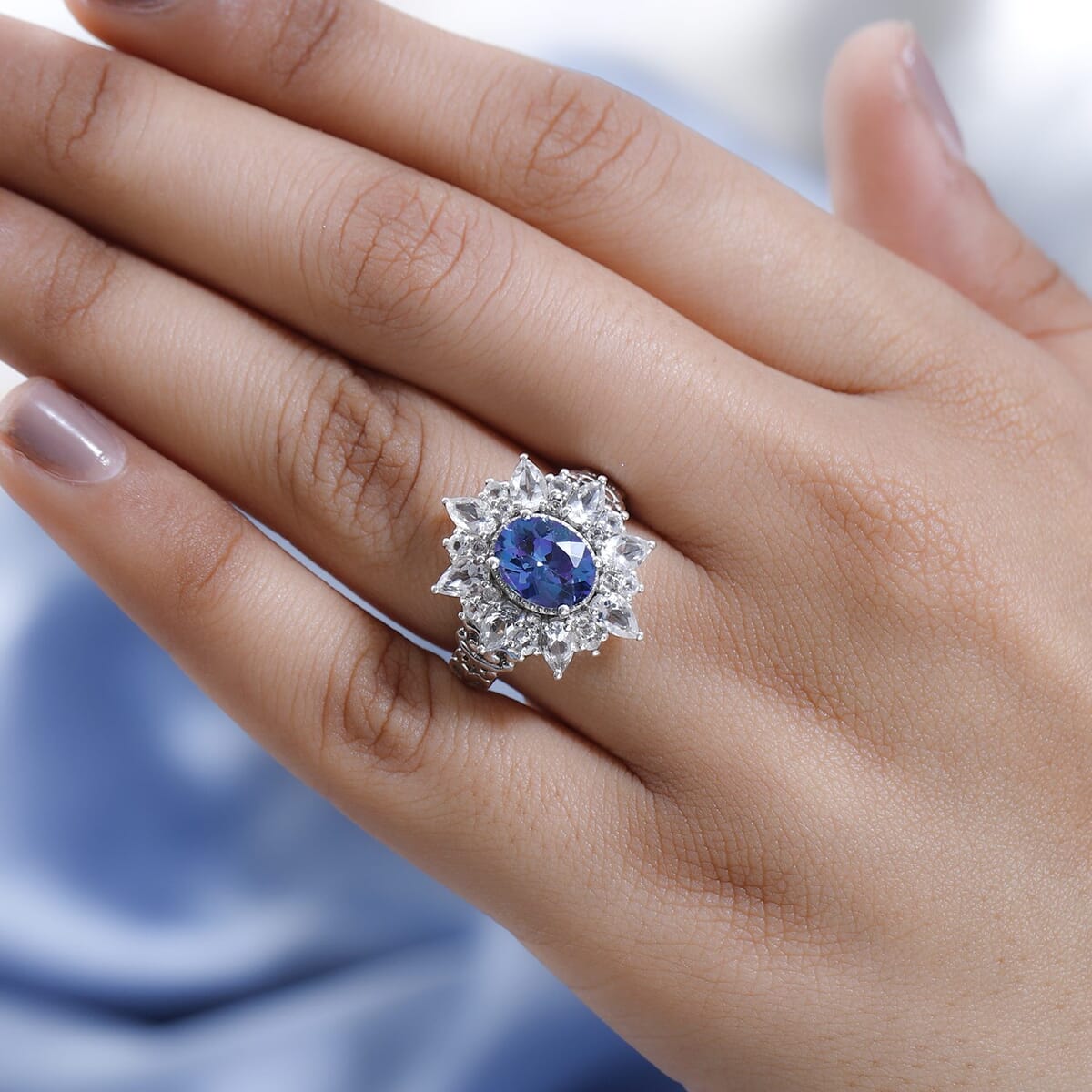 Brazilian Blue and White Petalite, Natural White Zircon Sunburst Ring in Platinum Over Sterling Silver 3.15 ctw image number 2