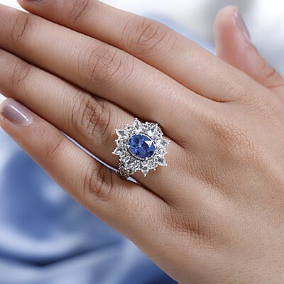 Brazilian Blue and White Petalite, White Zircon Sunburst Ring in Platinum Over Sterling Silver (Size 10.0) 3.15 ctw
