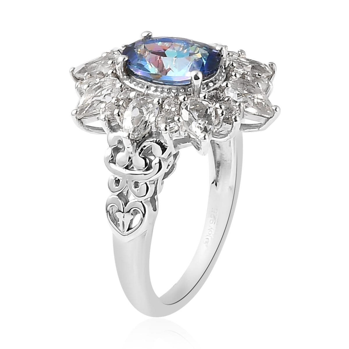 Brazilian Blue and White Petalite, Natural White Zircon Sunburst Ring in Platinum Over Sterling Silver 3.15 ctw image number 3