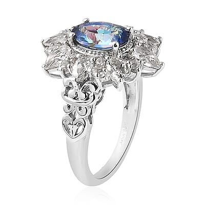 Brazilian Blue and White Petalite, White Zircon Sunburst Ring in Platinum Over Sterling Silver (Size 10.0) 3.15 ctw