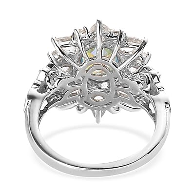 Brazilian Blue and White Petalite, White Zircon Sunburst Ring in Platinum Over Sterling Silver (Size 10.0) 3.15 ctw