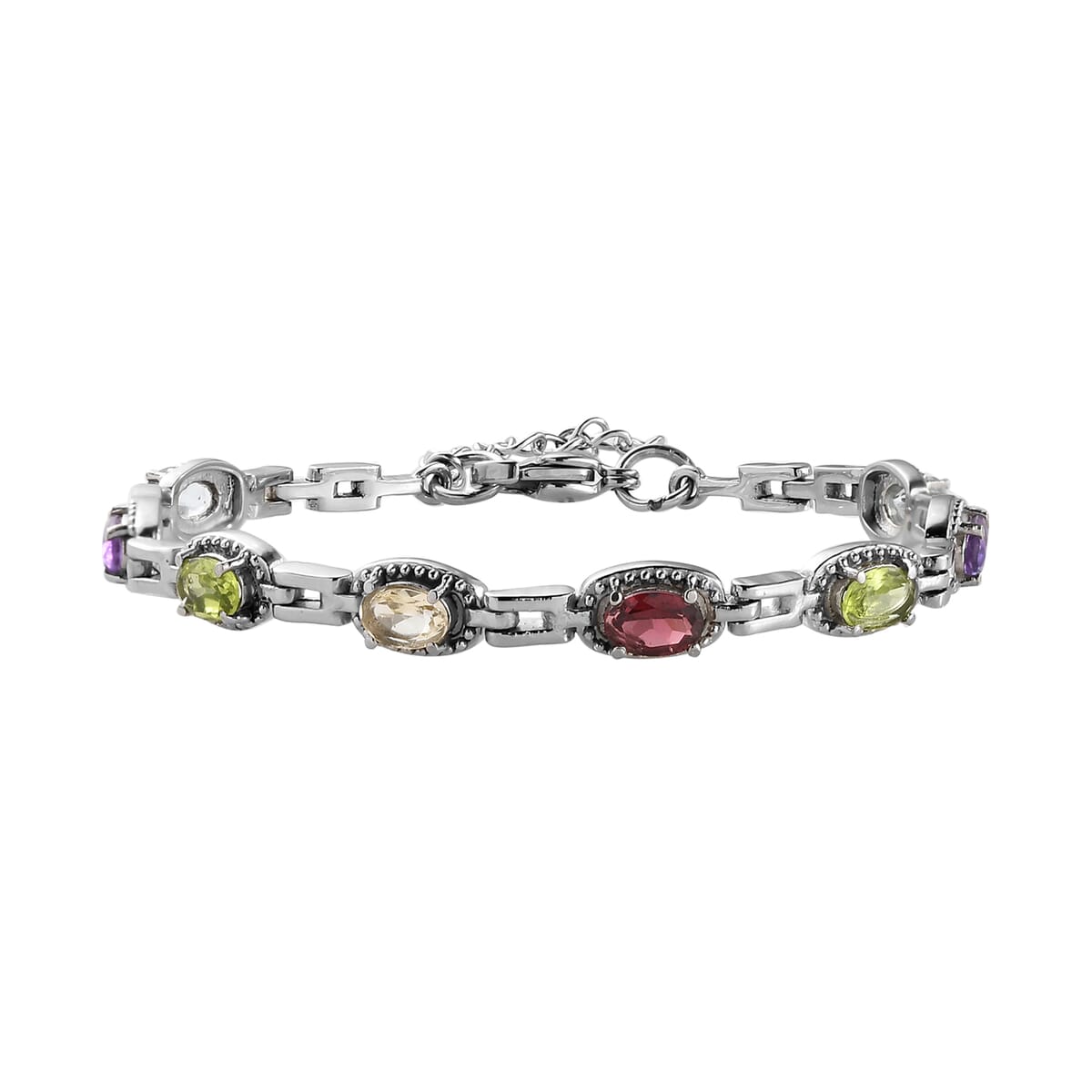 Multi Gemstone Link Bracelet in Stainless Steel (6.50-8.0In) 4.10 ctw image number 0